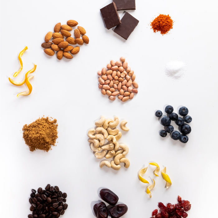 peanuts almonds dates dark chocolate cranberries blueberries lemon oil cashew chilli organic powder are all our natural ingredients which go into our products, these are pure and whole which gives maximum nutrition and not contain anything thats bad.