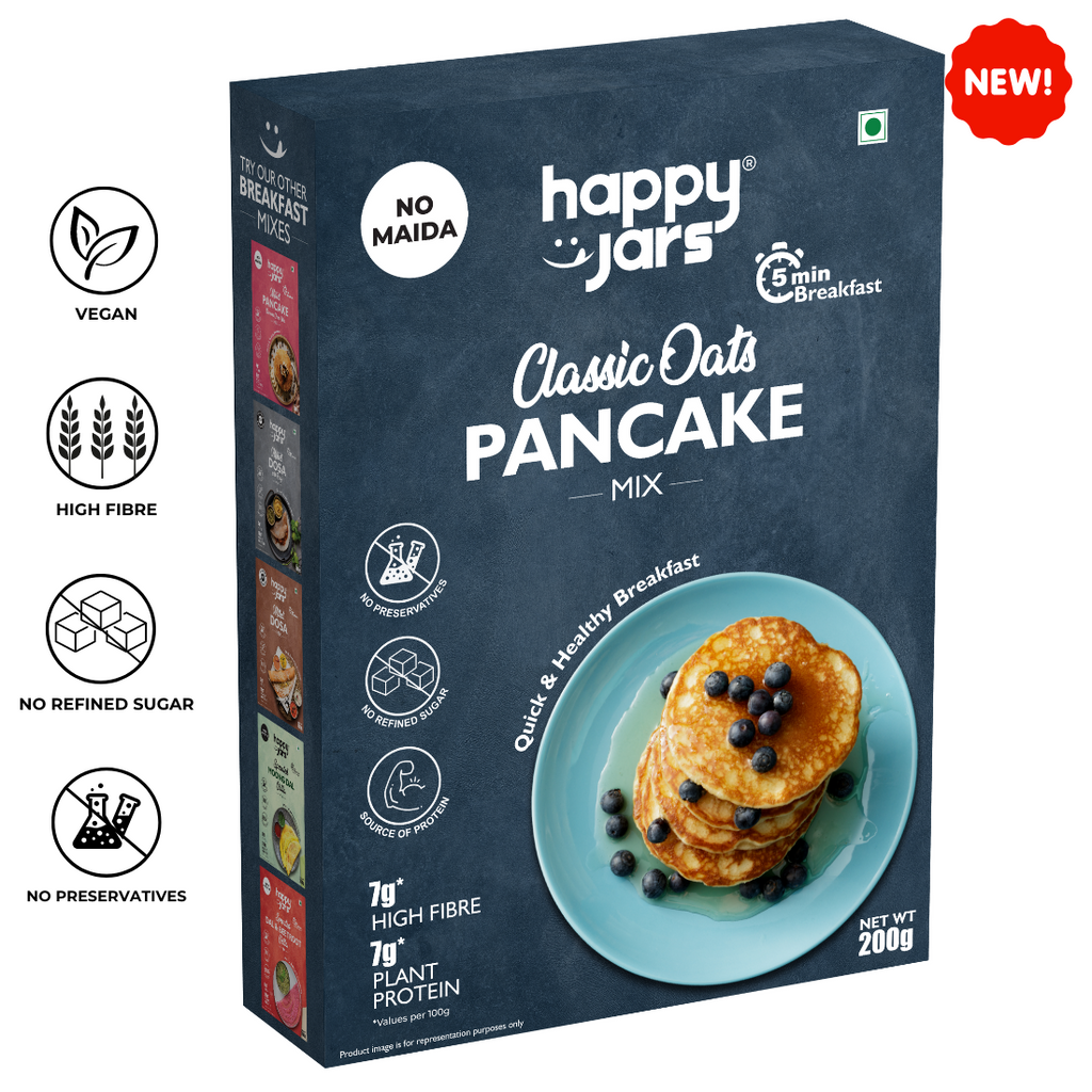 Image showing classic oats pancake mix by happy jars which is a rich source of protein has no preservatives and has no refined sugar. Great for healthy mornings for kids and the whole family.