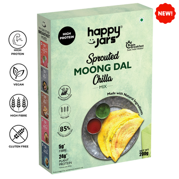 Image showing sprouted moong dal chilla by happy jars which is naturally high protein, has no preservatives and is rich in fibre and iron. Great for healthy mornings for working people, kids and the whole family.