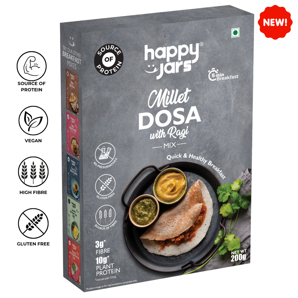 Image showing millet dosa with ragi mix by happy jars which is a rich source of protein has no preservatives and is rich in fibre and iron. Great for healthy mornings for working couples and the whole family.