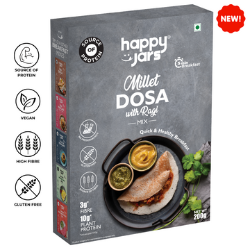 Image showing millet dosa with ragi mix by happy jars which is a rich source of protein has no preservatives and is rich in fibre and iron. Great for healthy mornings for working couples and the whole family.