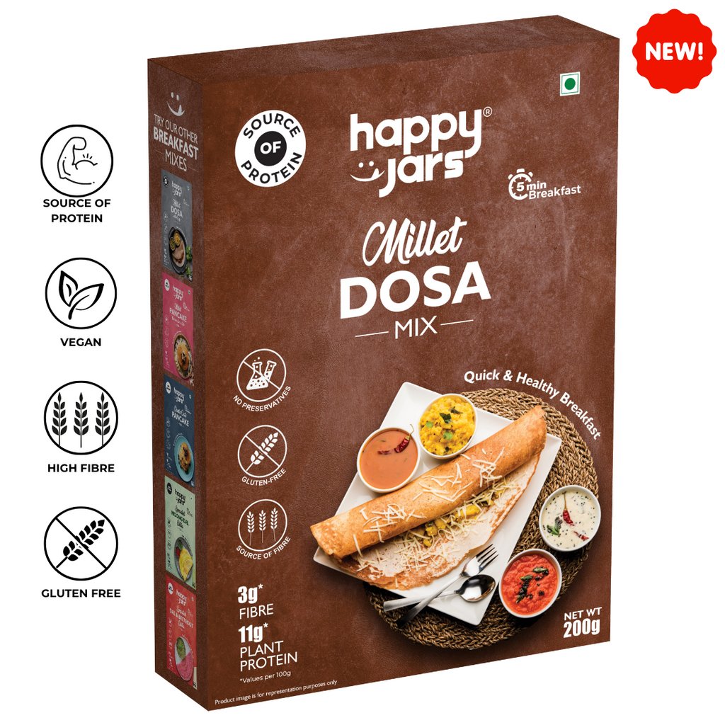 Image showing millet dosa mix by happy jars which is a rich source of protein has no preservatives and is rich in fibre. Great for healthy mornings for working women and the whole family.