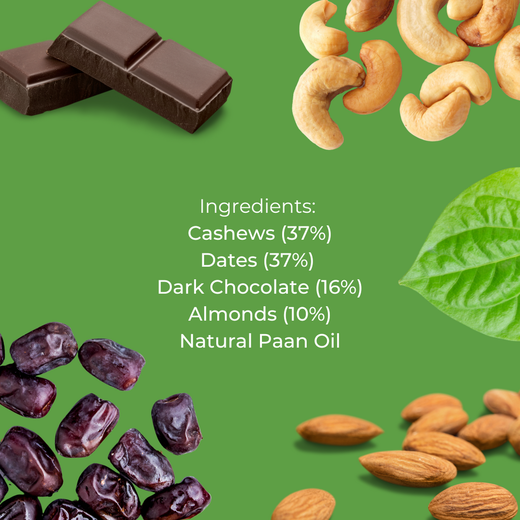 Natural ingredients including nuts, dates, and natural paan oil