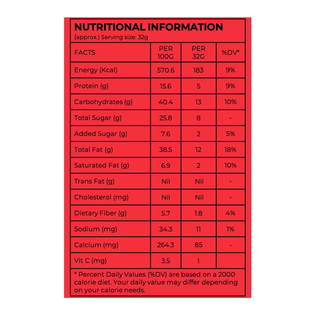 nutritional information for a clean label high protein chocolate spread for kids with real fruit
