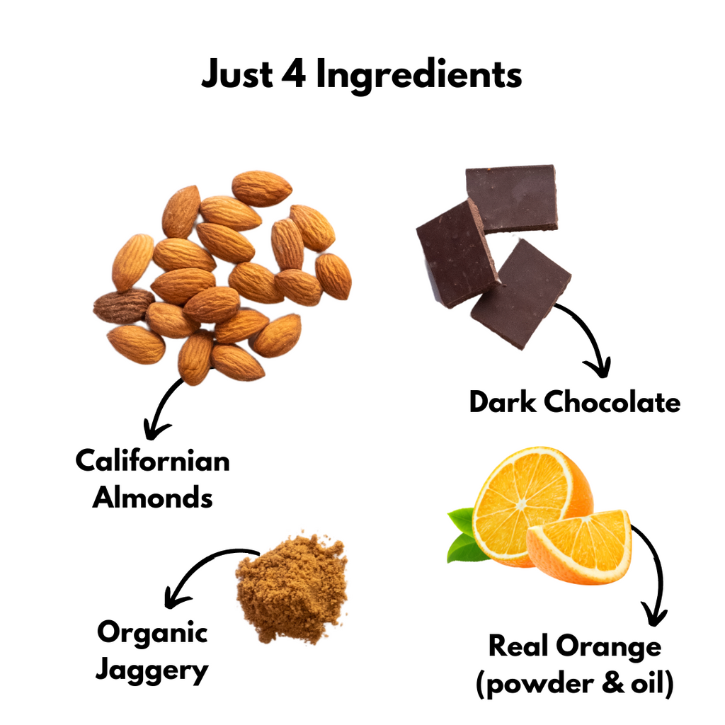 clean ingredients include almonds, vegan dark chocolate, organic jaggery and real orange