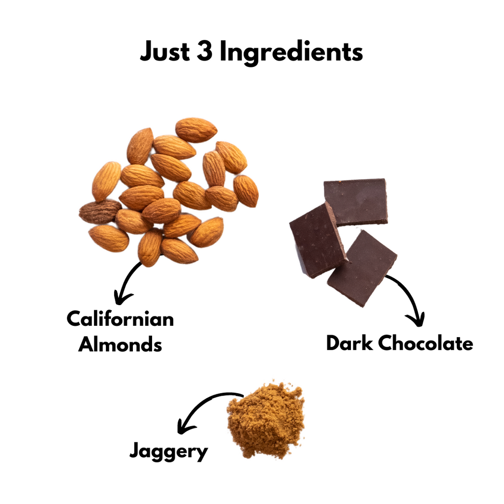 made with just pure 3 ingredients, almonds, vegan dark chocolate and organic jaggery