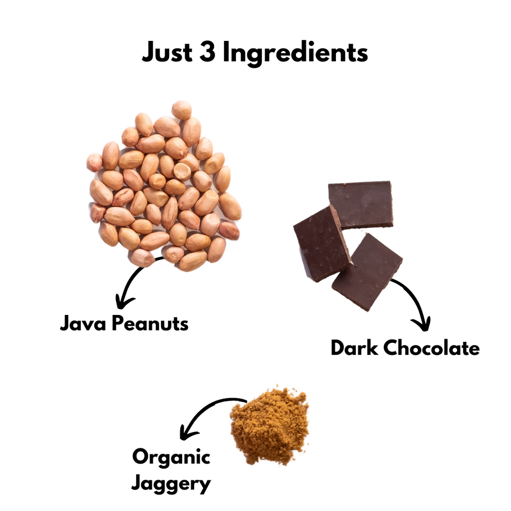 made with just pure 3 ingredients, java peanuts, vegan dark chocolate and organic jaggery